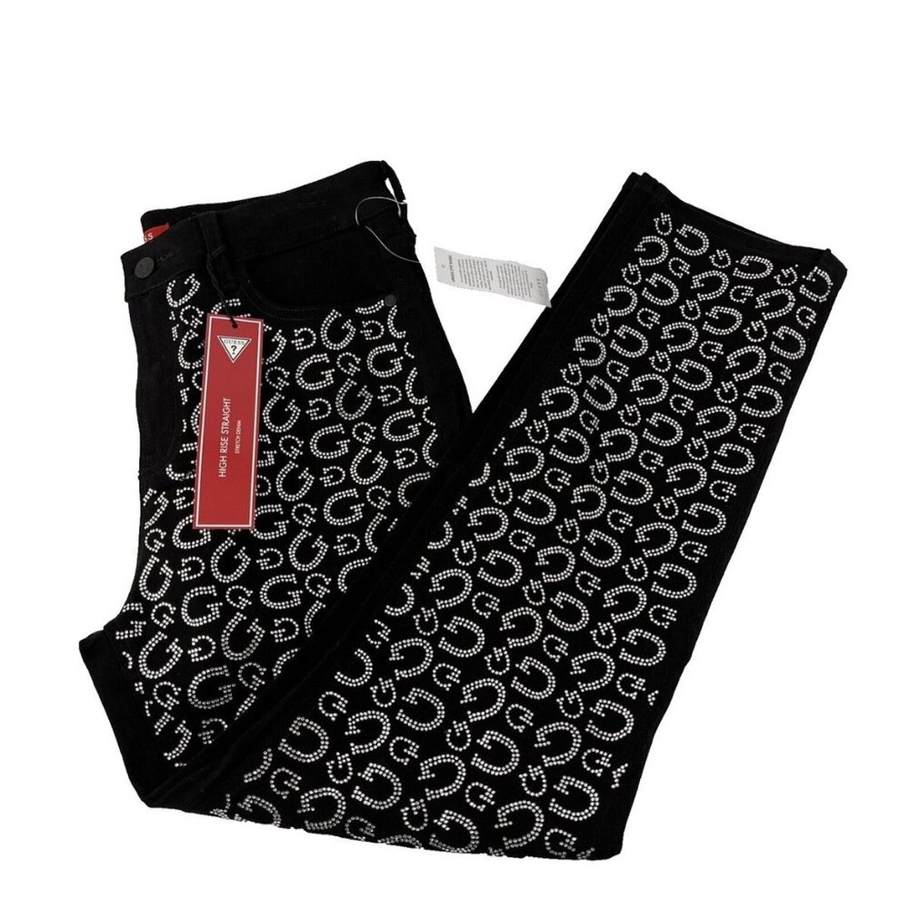 Guess Girly G Stone Slim Fit High Rise Straight Black Jeans Size 6/28 NWT
